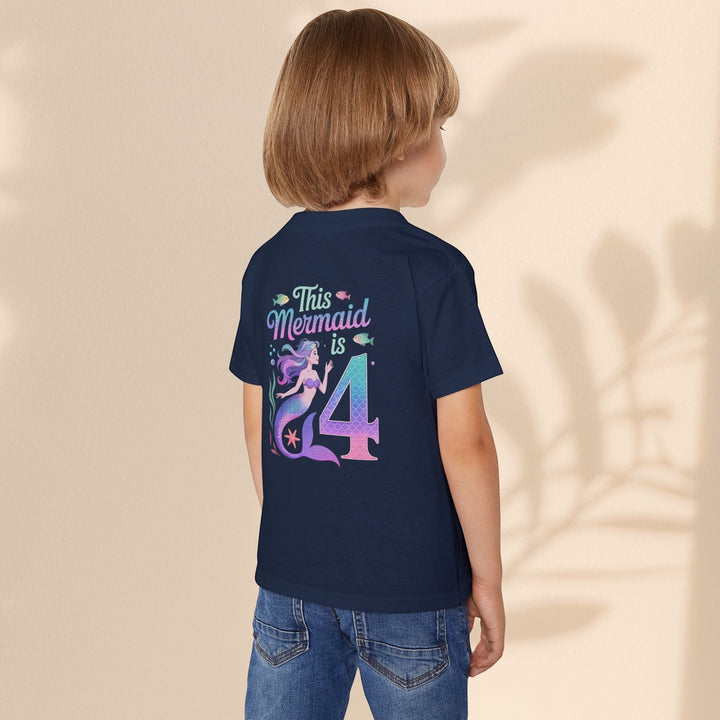 Sea Dragon Dreams navy blue cotton toddler t-shirt featuring a This Mermaid Is 4 birthday graphic on the back.