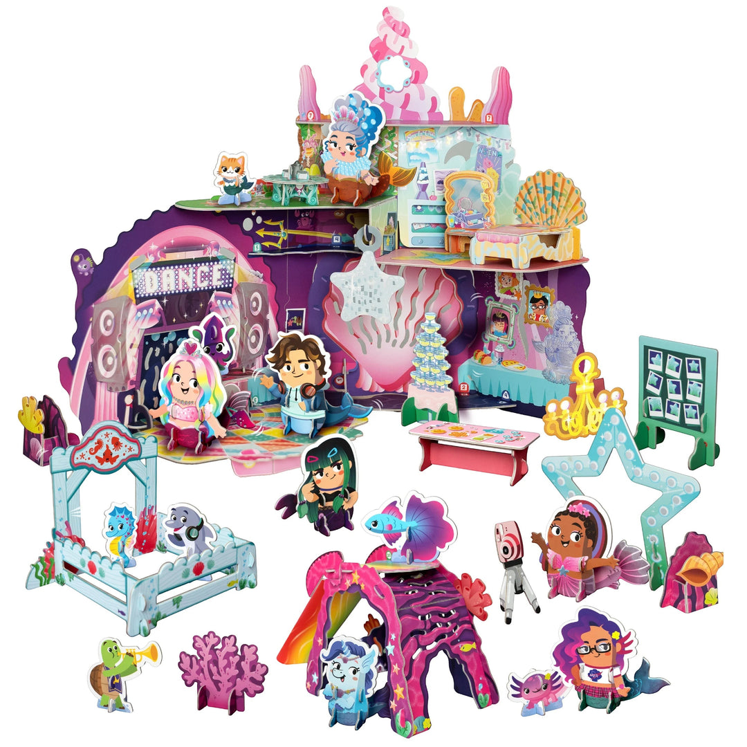 Sea Dragon Dreams buildable mermaid castle playset with 8 figures, dance floor, and accessories on a white background.
