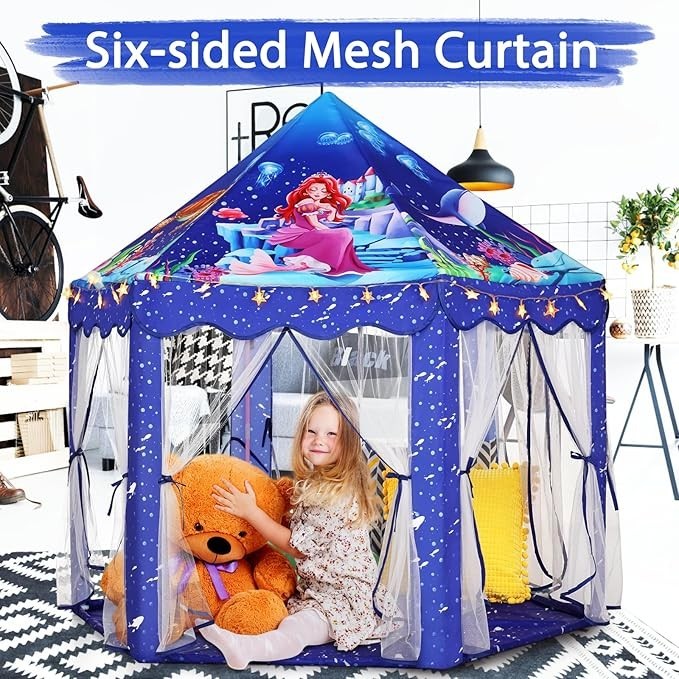 Sea Dragon Dreams blue mermaid princess castle play tent with mesh curtains and star lights for kids indoor play
