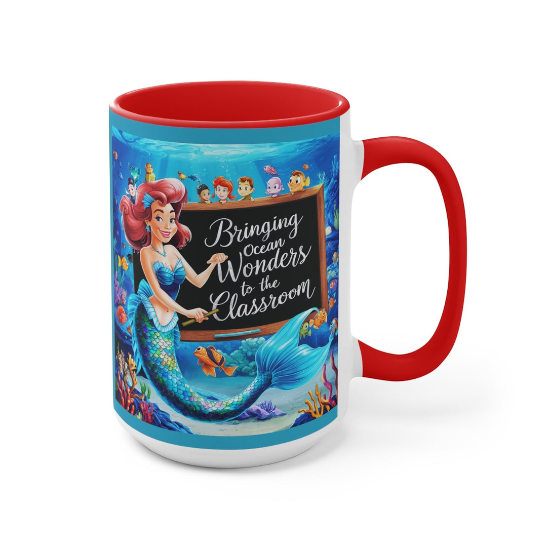 Sea Dragon Dreams ceramic mug with a red handle and interior featuring a mermaid teacher and ocean classroom design.