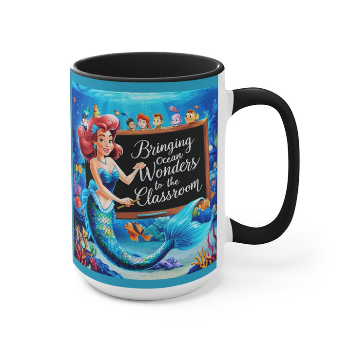 Sea Dragon Dreams ceramic accent mug featuring a mermaid teacher and ocean classroom design with a black handle