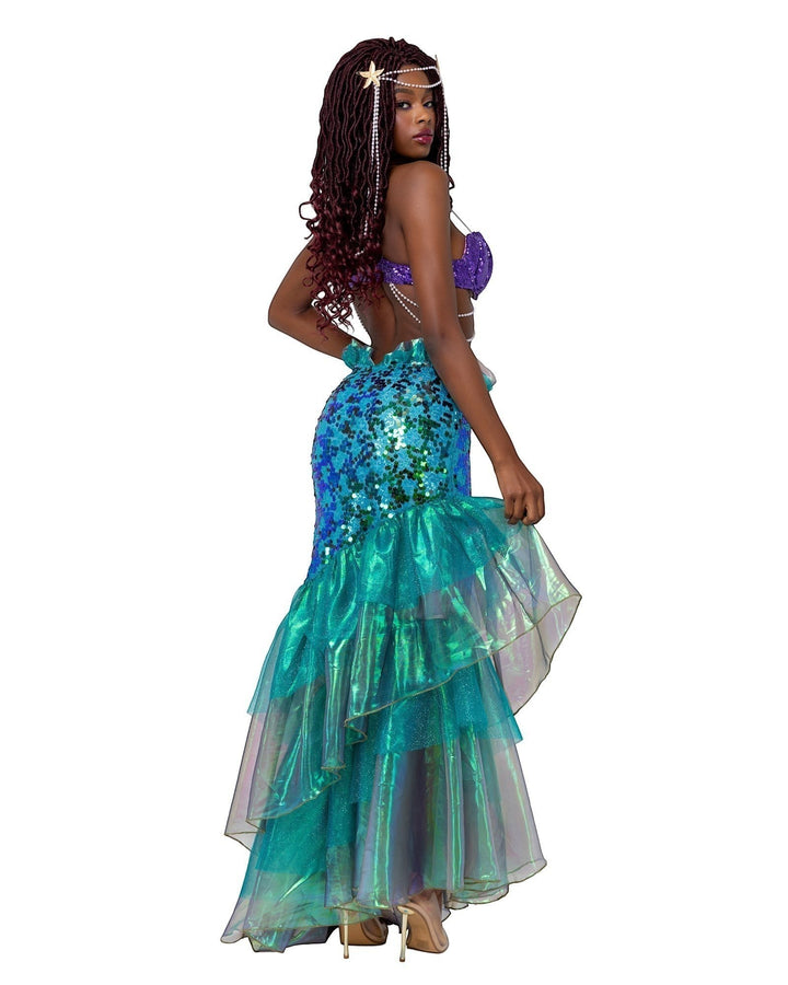 Sea Dragon Dreams two-piece mermaid costume with a purple sequin shell bra and a green-blue scale fishtail skirt