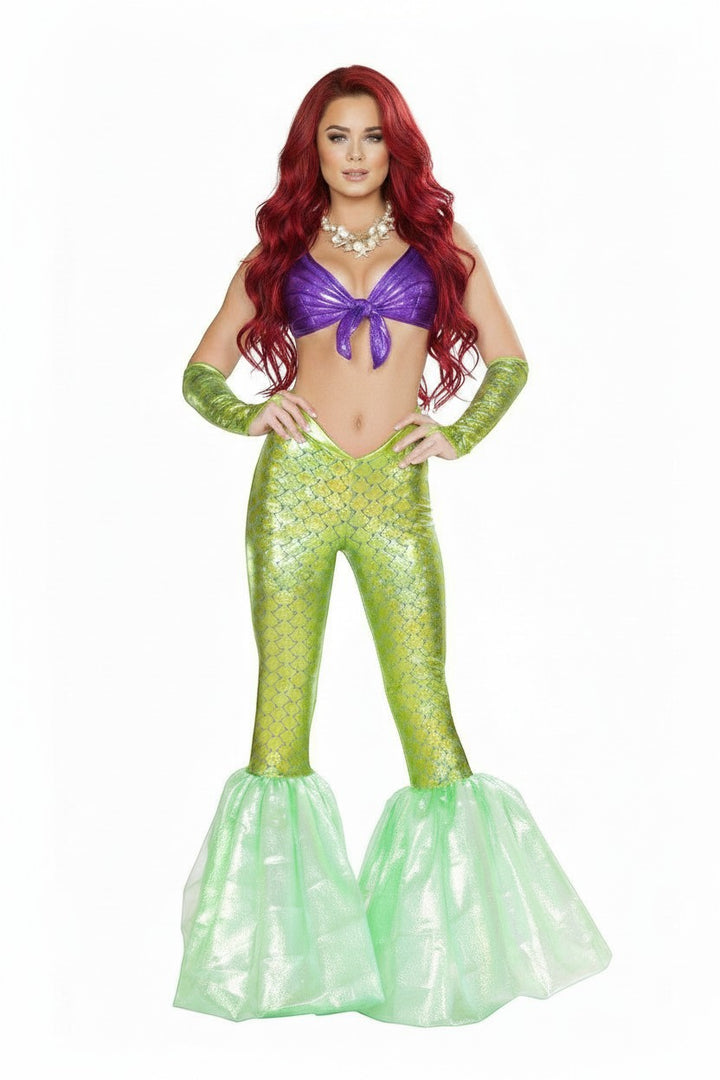 Sea Dragon Dreams Poseidon's Daughter mermaid costume with purple seashell top and green iridescent flared pants