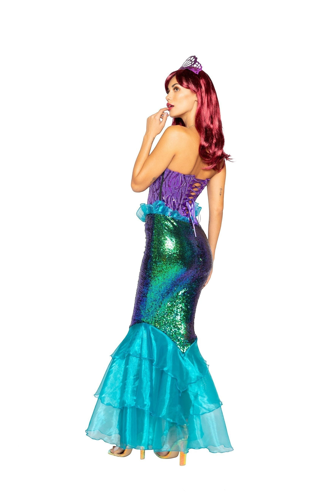Sea Dragon Dreams mermaid costume featuring a purple lace-up corset, green sequin skirt, and blue organza hem with tiara.