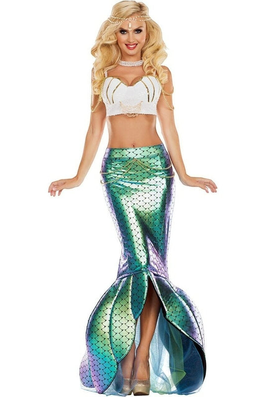 Sea Dragon Dreams mermaid costume with white sequin shell top, iridescent green tail skirt, and gold chain accents.