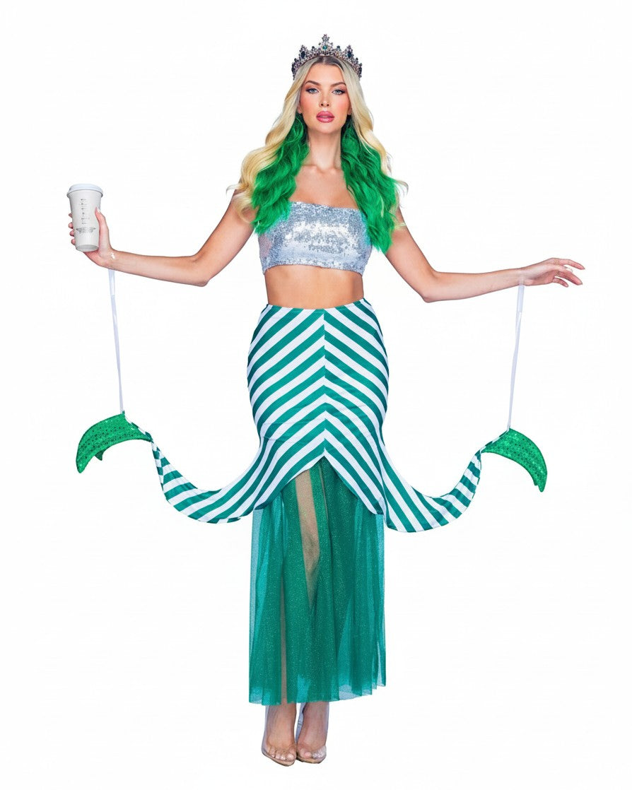 Sea Dragon Dreams Starstruck Mermaid Costume with silver sequin top and green striped tail skirt worn by a blonde model