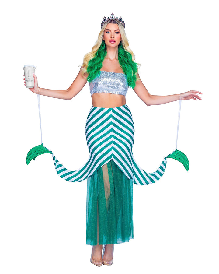 Sea Dragon Dreams Starstruck Mermaid Costume with silver sequin tube top and green striped layered tail skirt