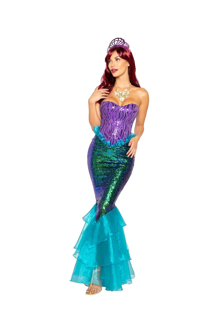 Sea Dragon Dreams 3-piece mermaid costume with purple sequin corset, green sequin skirt, organza ruffles, and shell tiara.