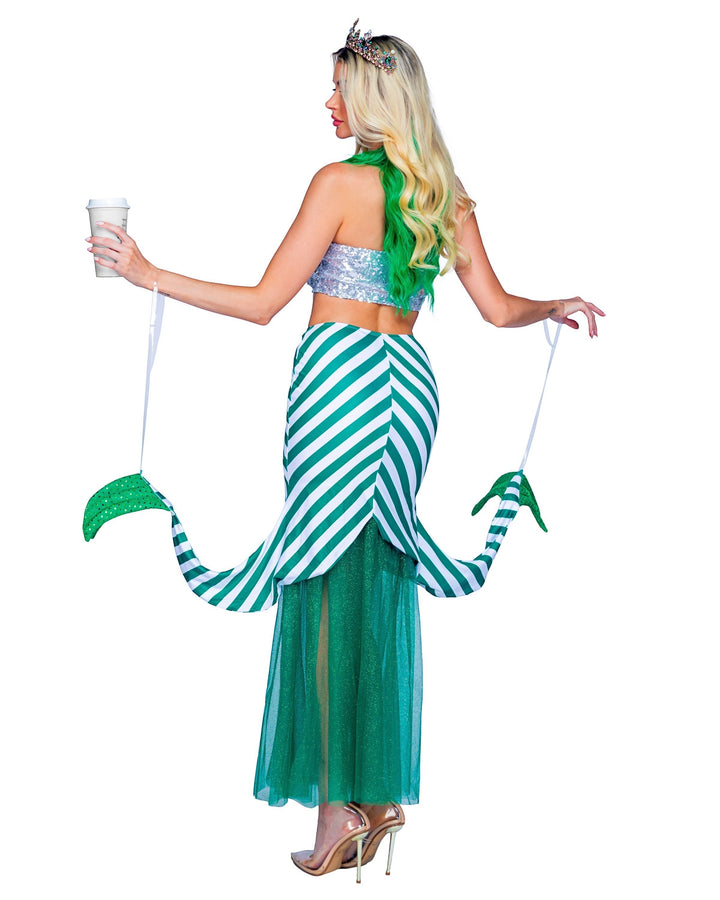 Sea Dragon Dreams Starstruck Mermaid Costume with silver sequin top and green striped layered tail skirt on a model.