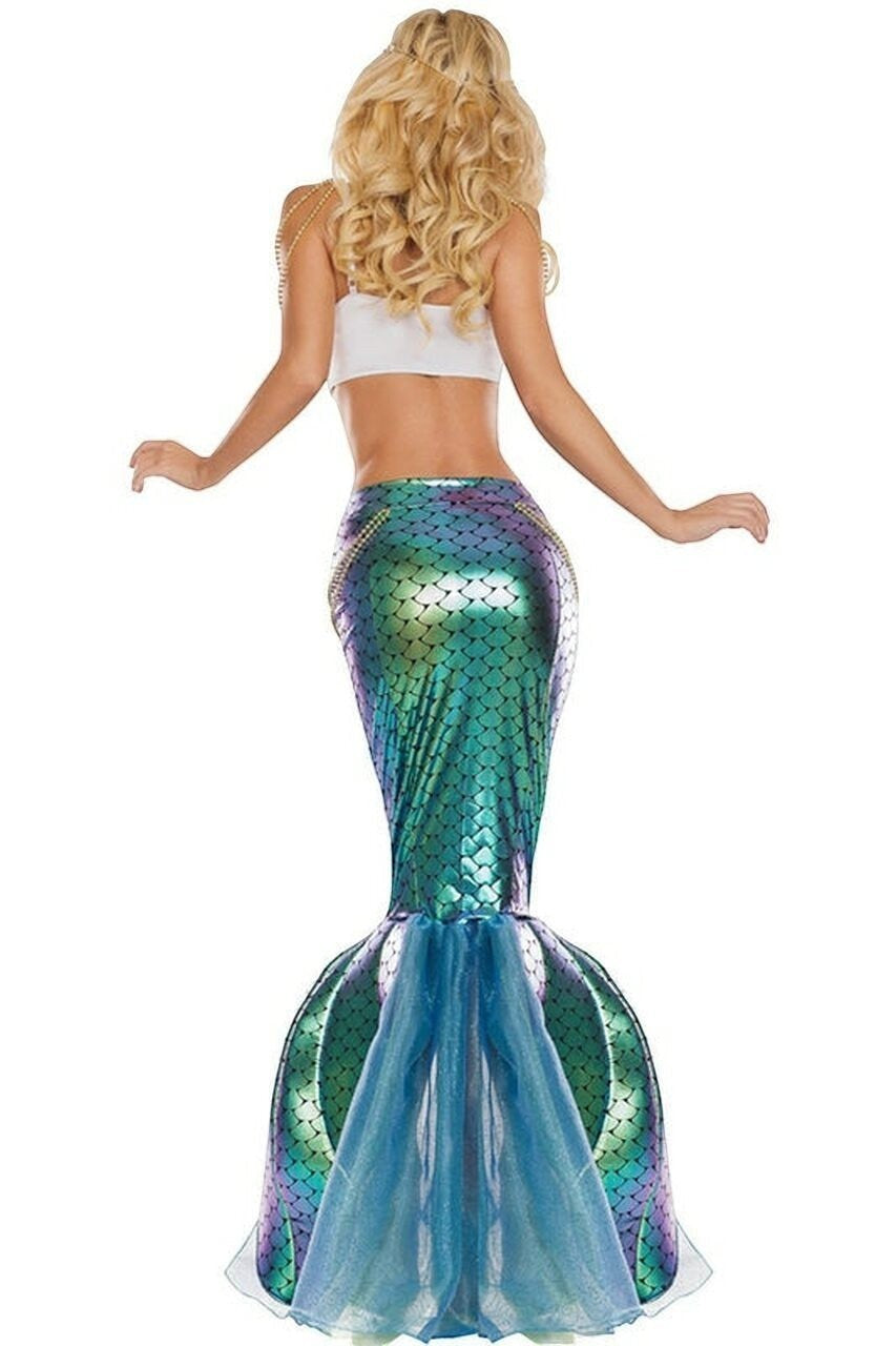 Sea Dragon Dreams mermaid costume featuring an iridescent green and purple scale tail with a blue tulle fin.