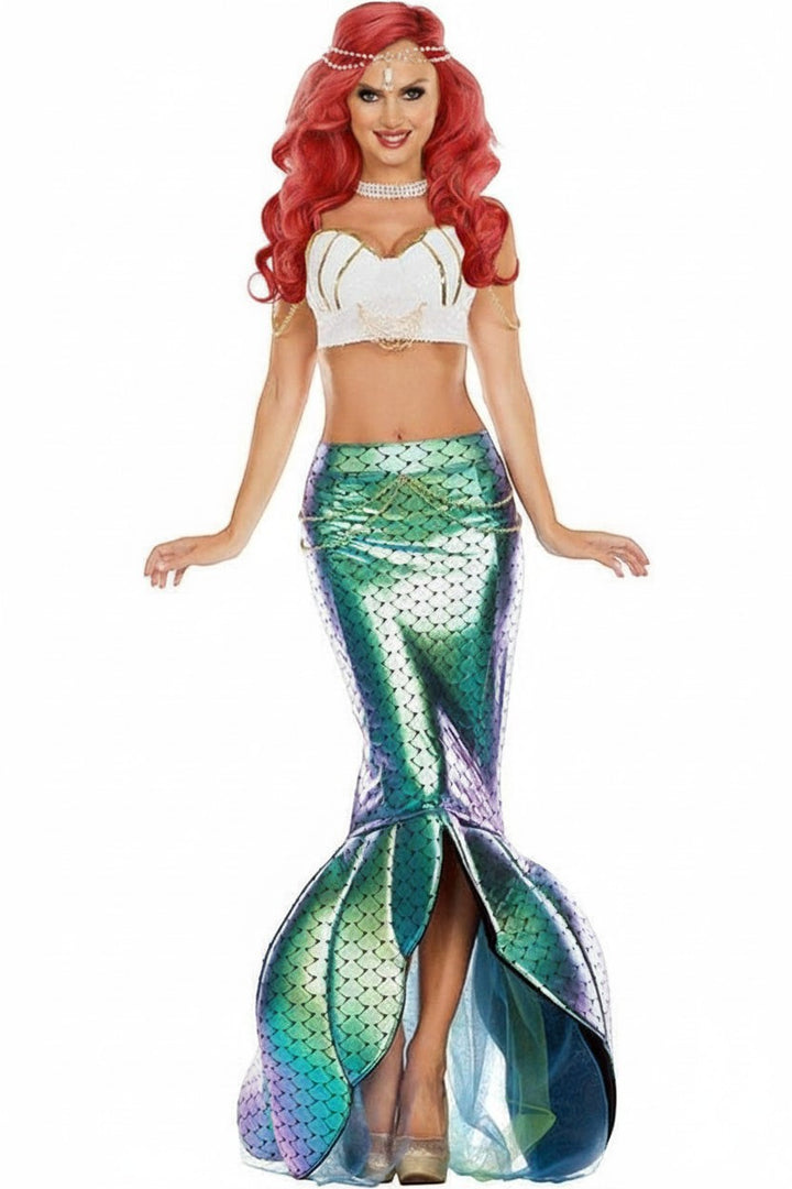 Sea Dragon Dreams mermaid costume featuring a white sequin shell top and an iridescent green mermaid tail skirt.