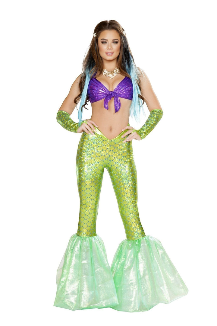 Sea Dragon Dreams Poseidon's Daughter mermaid costume with purple seashell top and iridescent green flared pants.