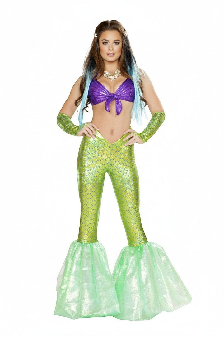 Sea Dragon Dreams Poseidon's Daughter mermaid costume with a purple halter top and iridescent green scale-print pants.