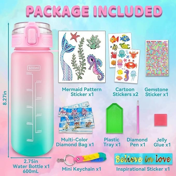 Sea Dragon Dreams mermaid paint-your-own water bottle craft kit with stickers, diamond art supplies, and accessories.