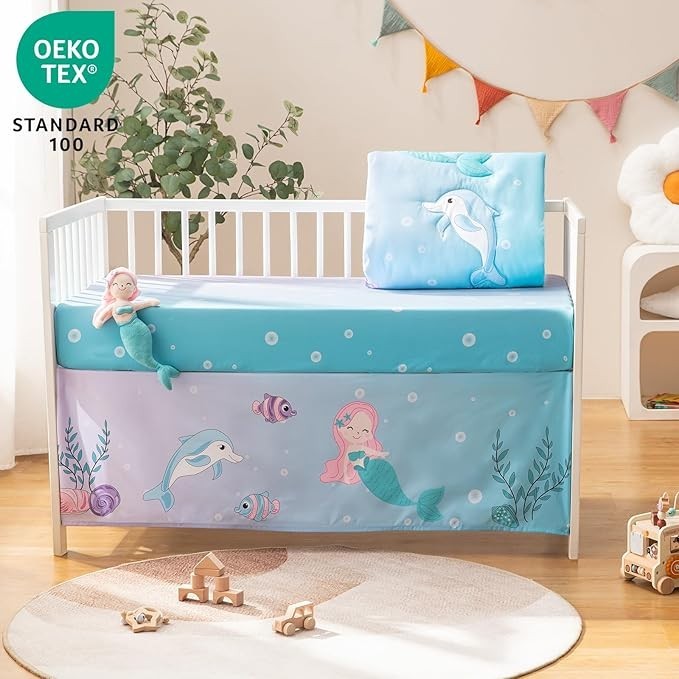 Sea Dragon Dreams 4-piece mermaid crib bedding set with cartoon quilt, fitted sheet, skirt, and plush mermaid toy.