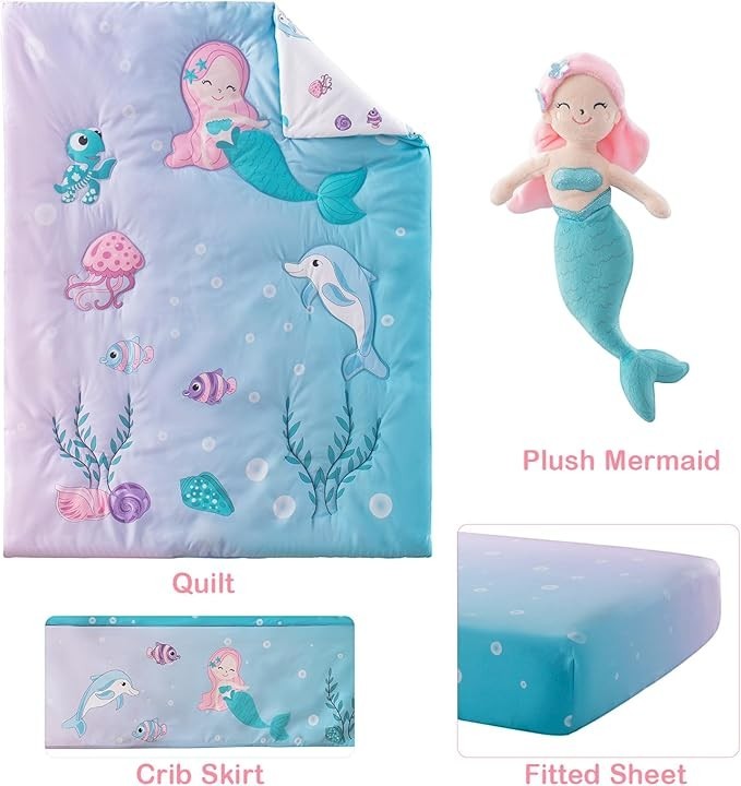 Sea Dragon Dreams 4-piece mermaid crib bedding set featuring a cartoon quilt, fitted sheet, crib skirt, and plush toy.
