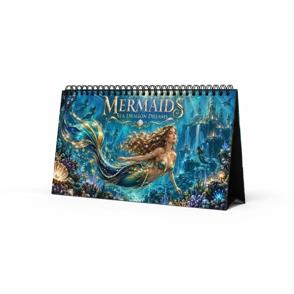 Sea Dragon Dreams 2027 mermaid desktop calendar with spiral binding and vibrant underwater fantasy illustration