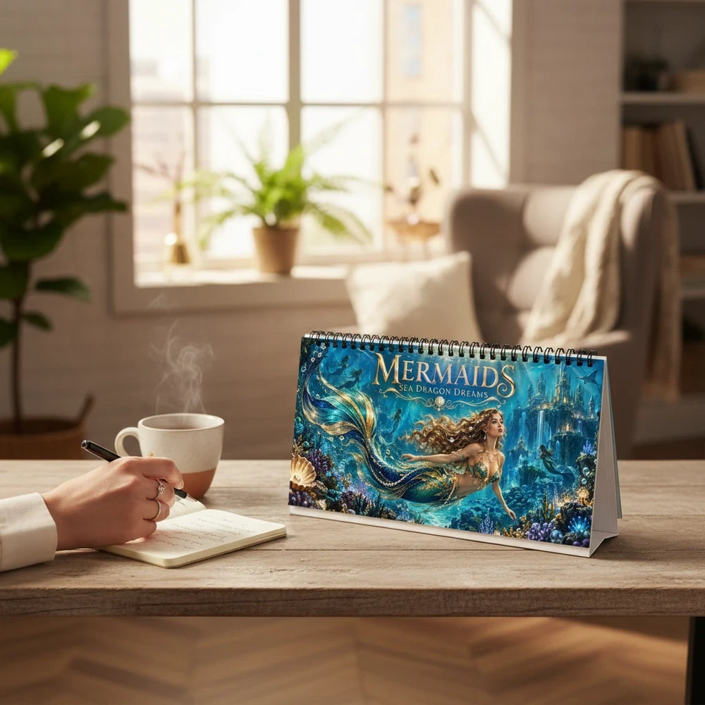 Sea Dragon Dreams 2027 mermaid desktop calendar with spiral binding and vibrant underwater illustration on a desk
