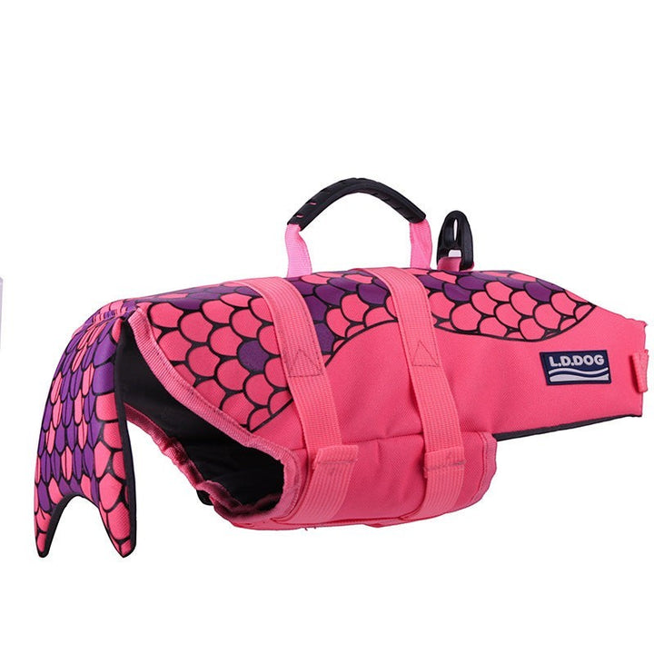 Sea Dragon Dreams pink and purple mermaid scale dog life jacket with rescue handle and adjustable straps