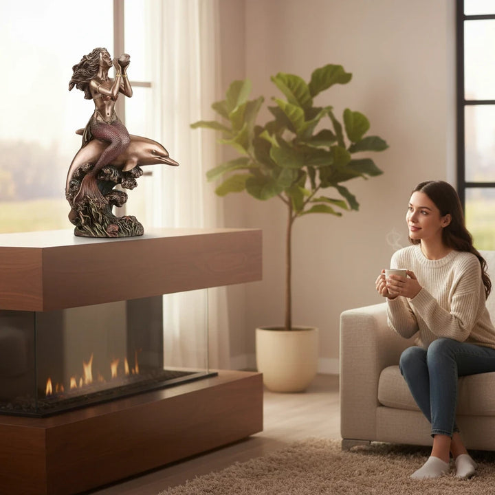 Sea Dragon Dreams Mermaid’s Call polystone figurine of a mermaid riding a dolphin on a mantelpiece in a cozy room.
