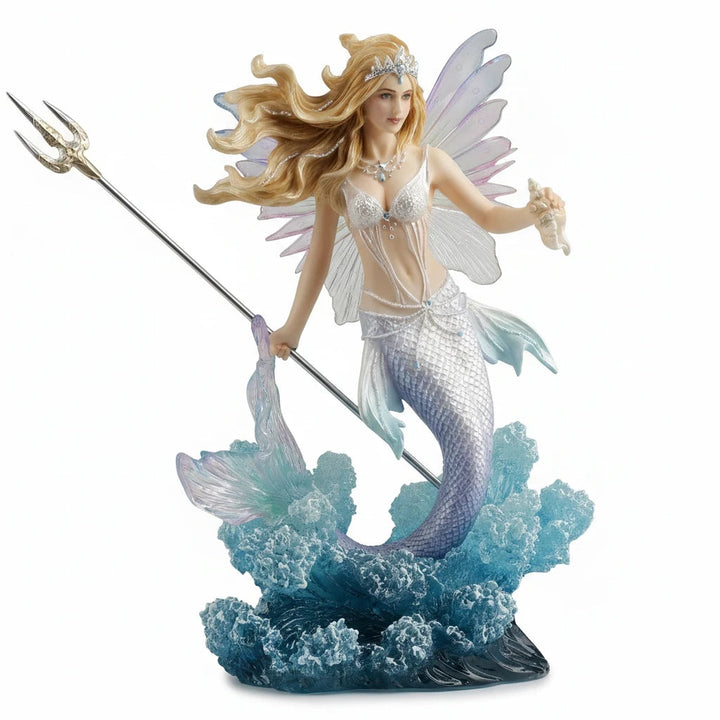 Sea Dragon Dreams Queen Mermaid Fairy figurine with iridescent scales, translucent wings, and a trident on seafoam.