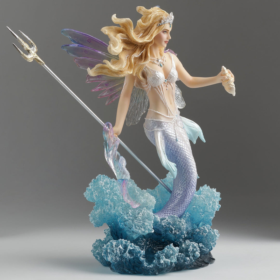 Sea Dragon Dreams Queen Mermaid Fairy figurine with iridescent scales, translucent wings, and trident in color finish.