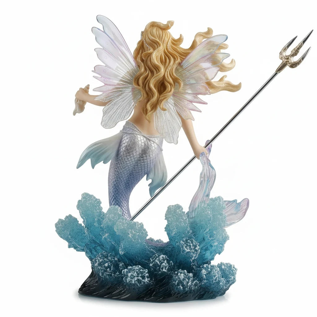 Sea Dragon Dreams Queen Mermaid Fairy figurine with iridescent scales, translucent wings, and trident, back view.