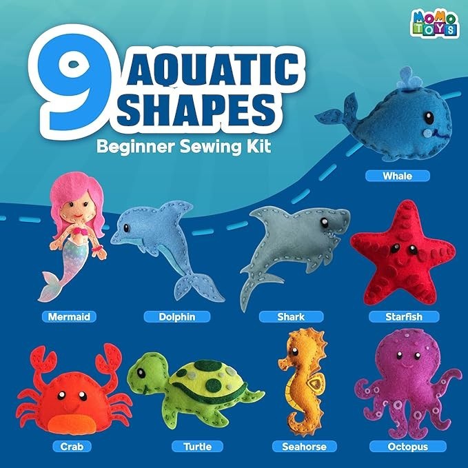 Sea Dragon Dreams MOMOTOYS mermaid and sea life felt sewing kit featuring nine colorful plush animal craft projects.