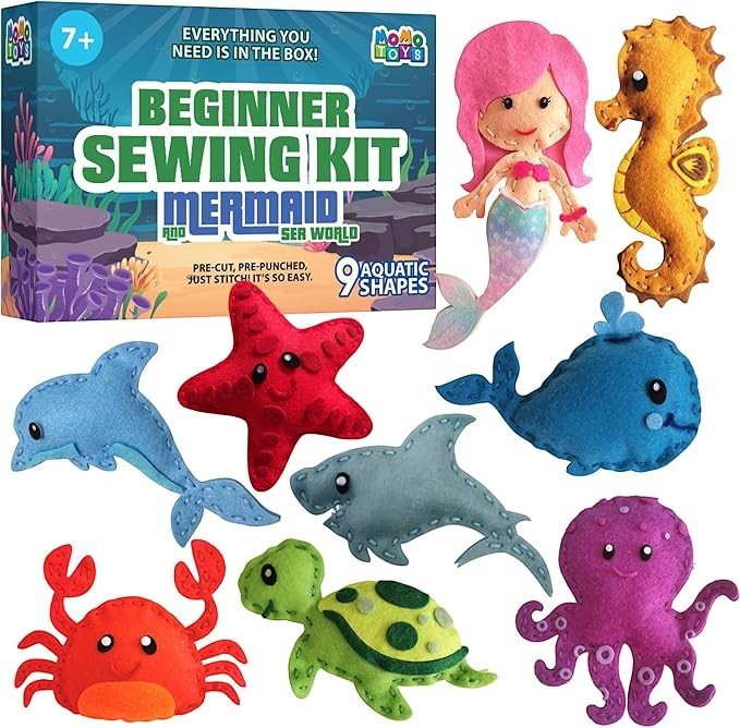 Sea Dragon Dreams MOMOTOYS mermaid and sea life felt sewing kit for kids with nine colorful plush animal projects.