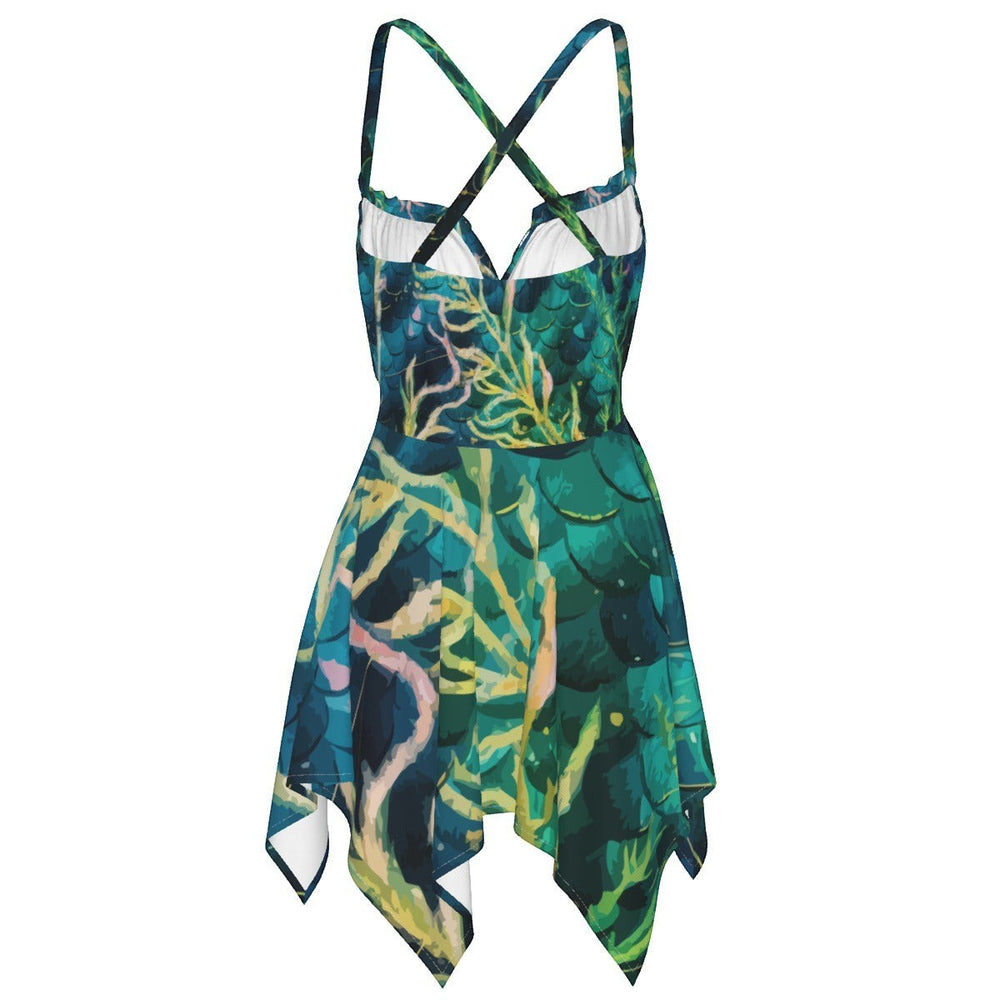 Sea Dragon Dreams mermaid green sleeveless slip dress with a crisscross back and ocean-inspired scale pattern