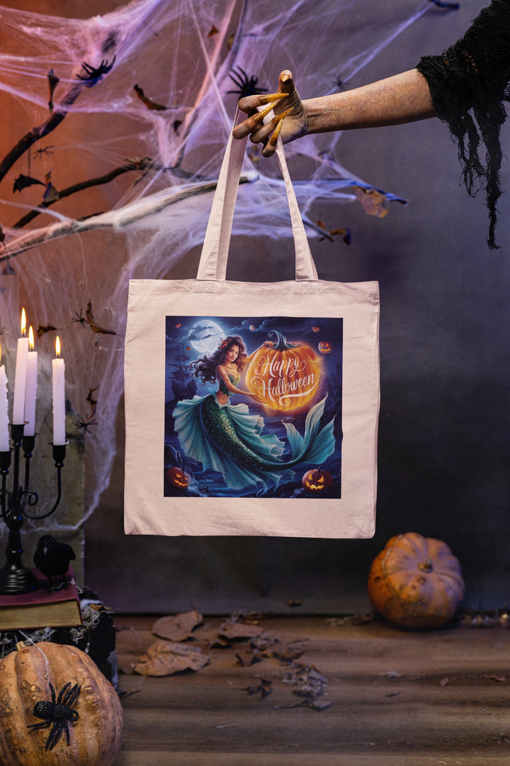 Sea Dragon Dreams natural cotton canvas tote bag featuring a mermaid and pumpkin Halloween graphic in a spooky setting.