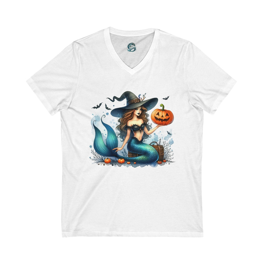 Sea Dragon Dreams white V-neck t-shirt featuring a whimsical mermaid in a witch hat holding a jack-o'-lantern.