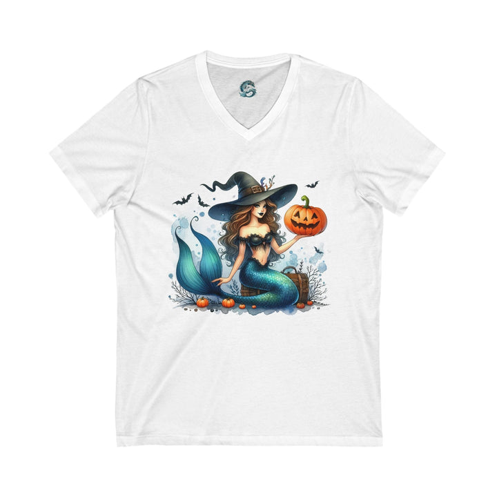 Sea Dragon Dreams white V-neck t-shirt featuring a whimsical mermaid in a witch hat holding a jack-o'-lantern.