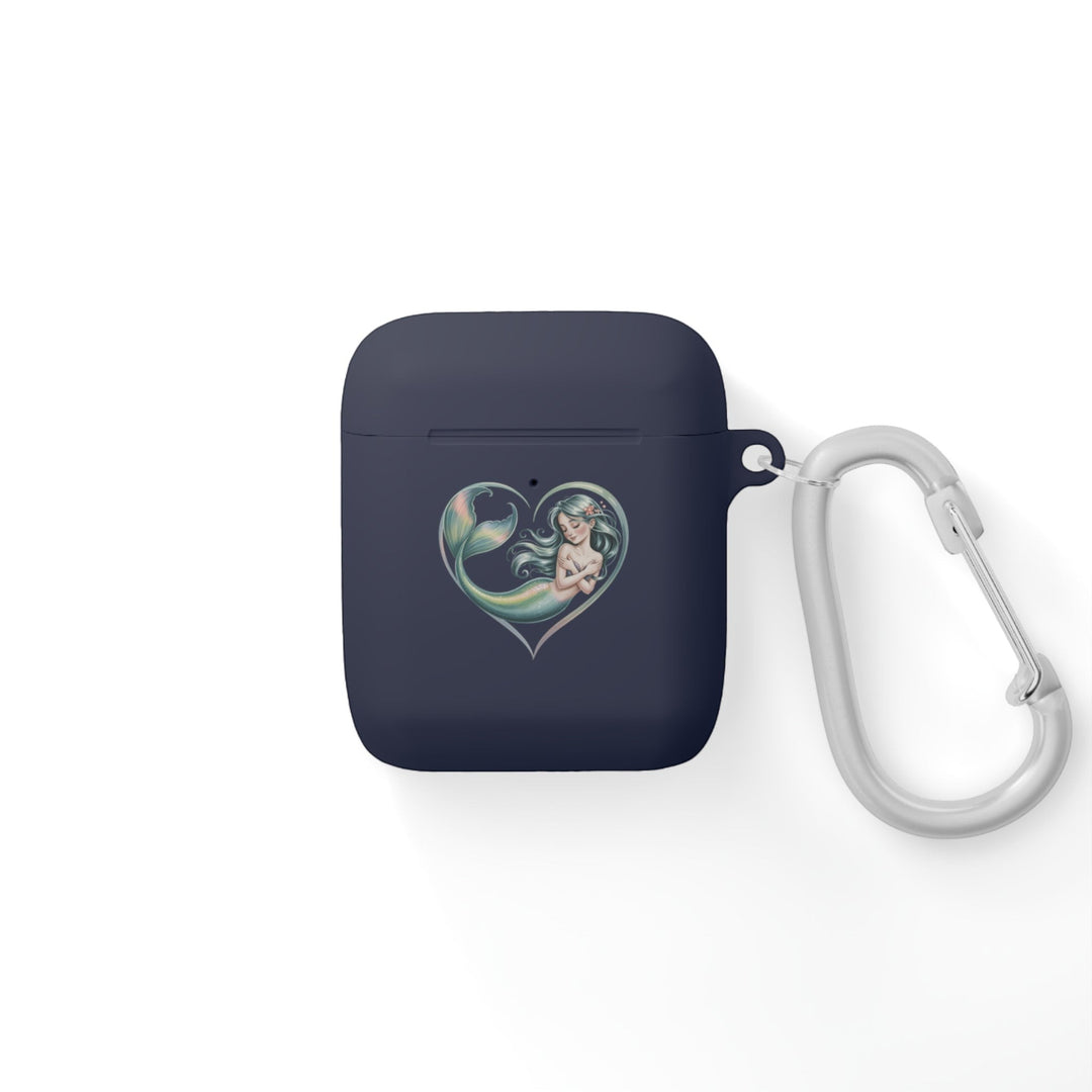 Sea Dragon Dreams dark blue TPU AirPods case featuring a decorative mermaid heart illustration and a metal carabiner.