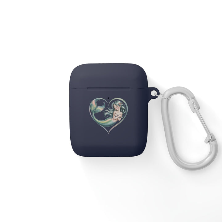Sea Dragon Dreams dark blue TPU AirPods case featuring a decorative mermaid heart illustration and a metal carabiner.