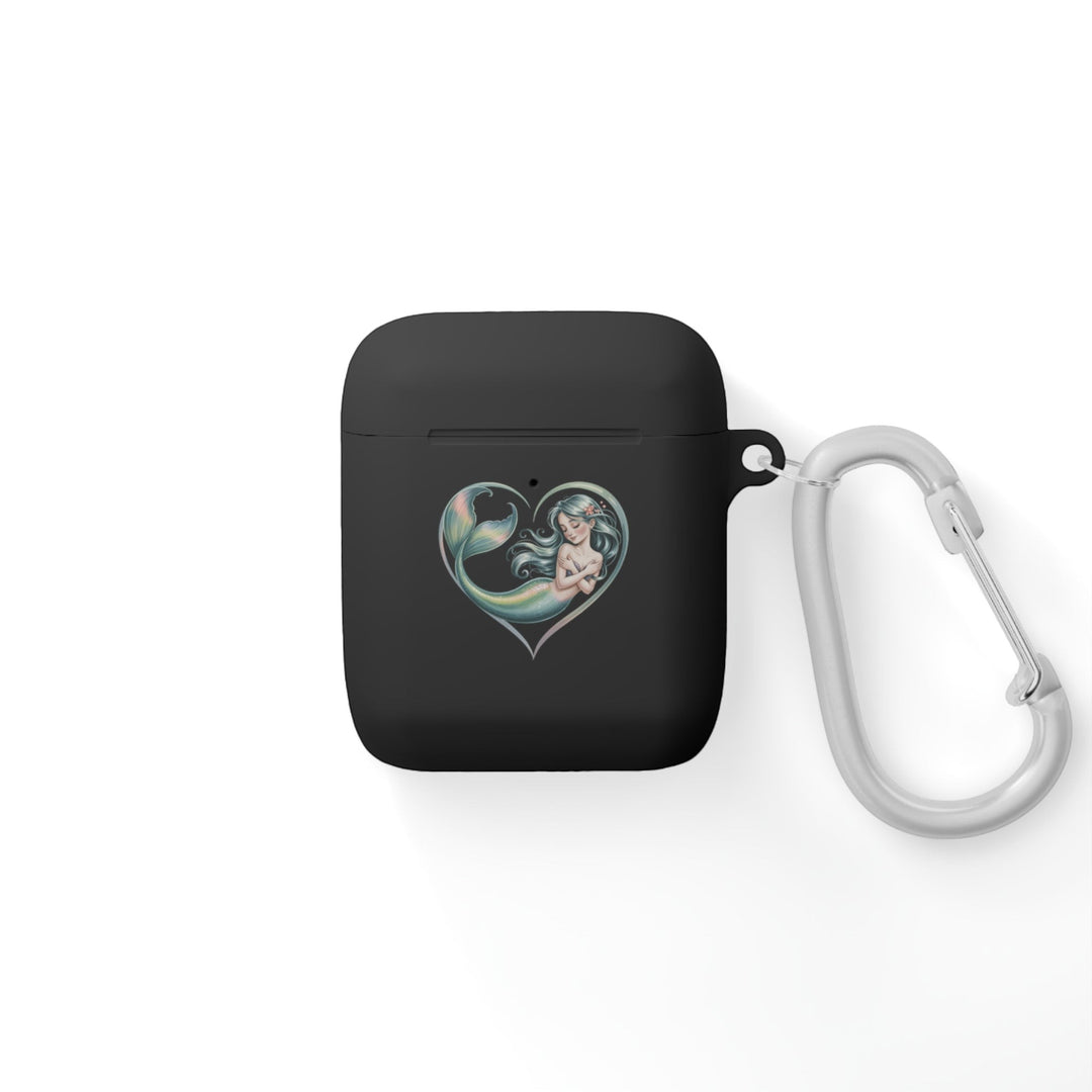 Sea Dragon Dreams black TPU protective AirPods case featuring a mermaid heart illustration and a silver carabiner.