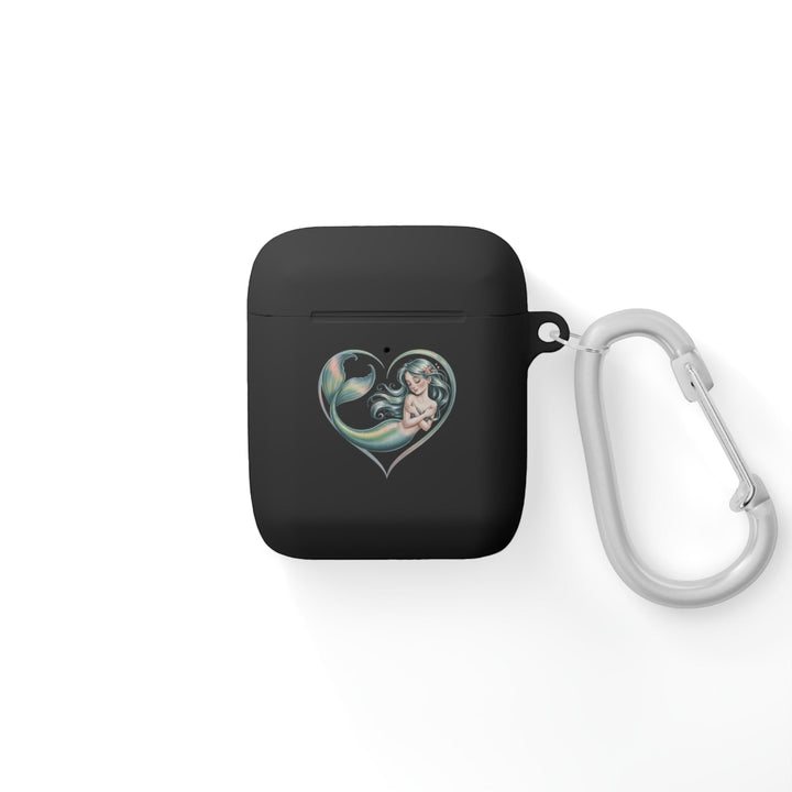 Sea Dragon Dreams black TPU protective AirPods case featuring a mermaid heart illustration and a silver carabiner.