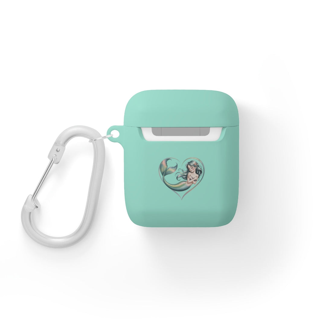 Sea Dragon Dreams mermaid heart protective TPU AirPods case in mint green with a white carabiner clip.