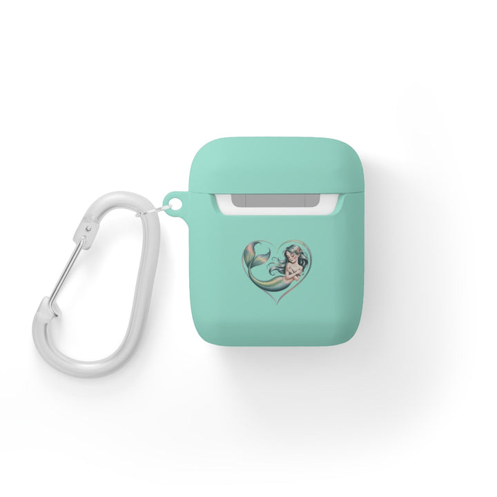 Sea Dragon Dreams mermaid heart protective TPU AirPods case in mint green with a white carabiner clip.