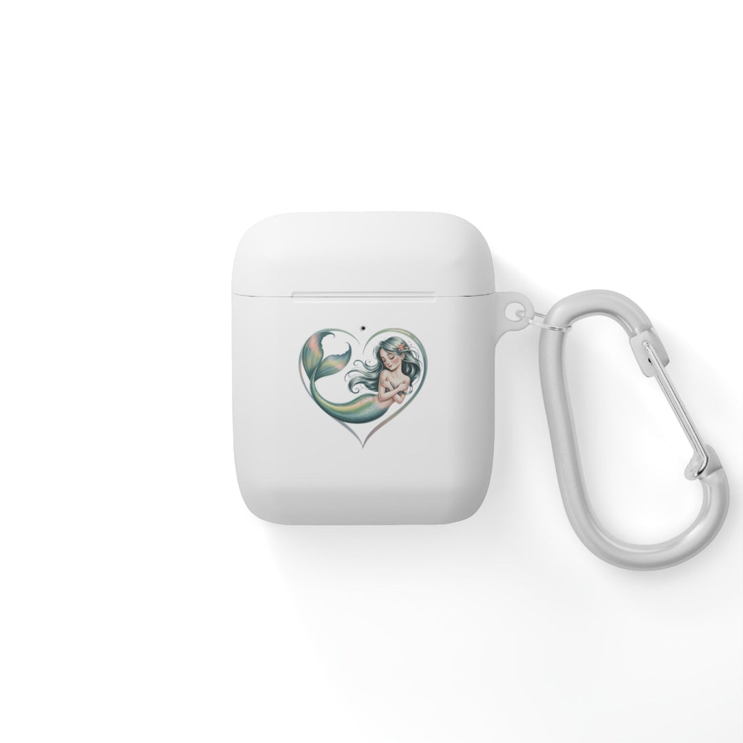 Sea Dragon Dreams white TPU AirPods case featuring a delicate mermaid heart illustration and a matching metal carabiner.