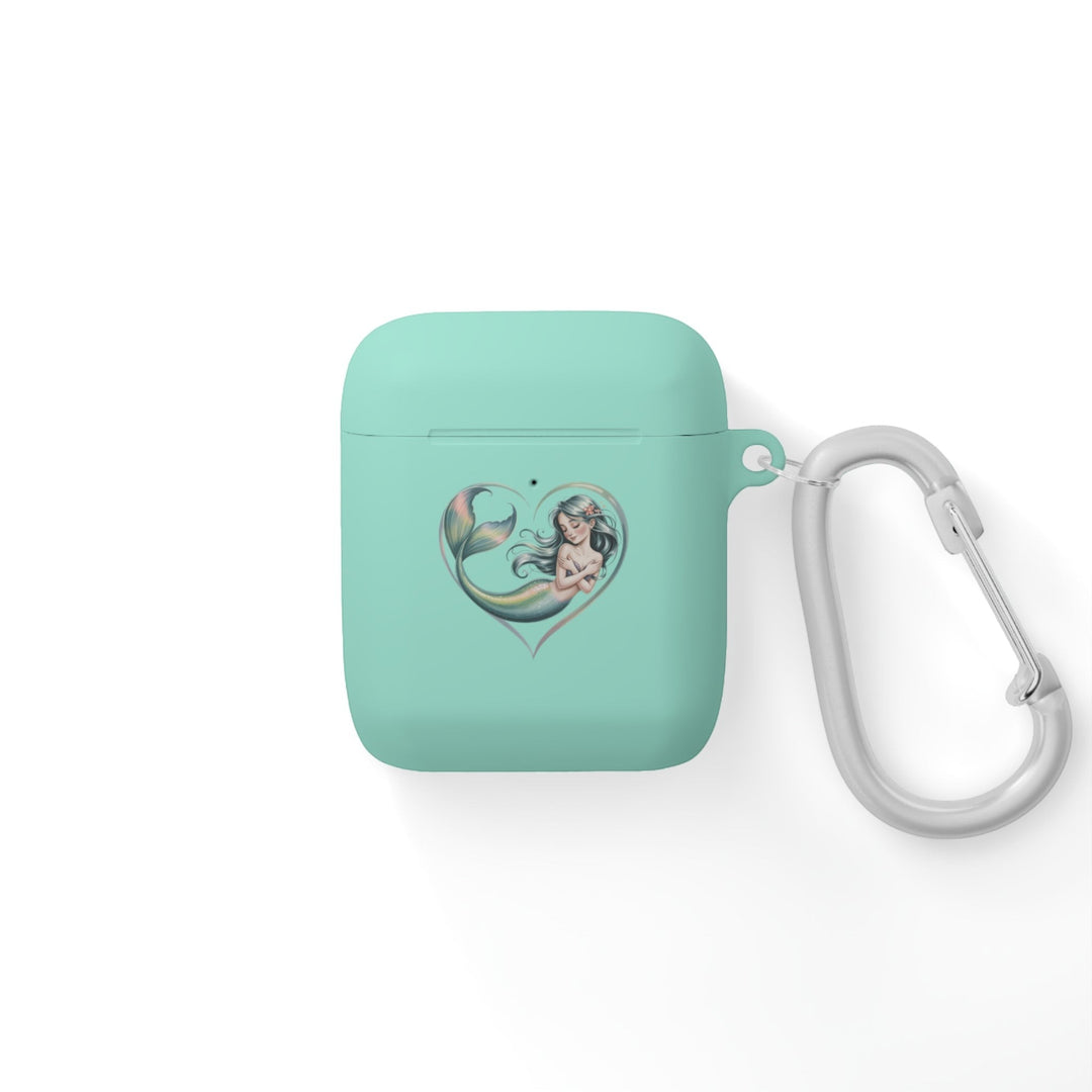 Sea Dragon Dreams mint green TPU AirPods case featuring a mermaid heart illustration and a silver metal carabiner.