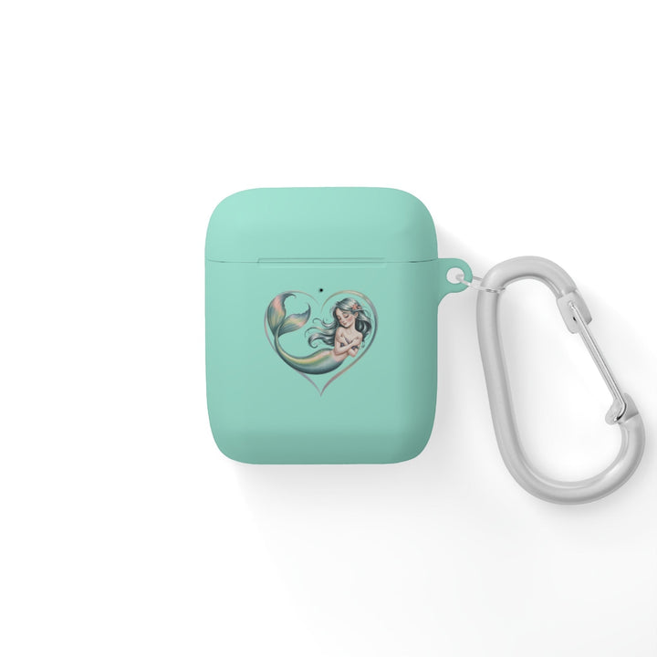Sea Dragon Dreams mint green TPU AirPods case featuring a mermaid heart illustration and a silver metal carabiner.