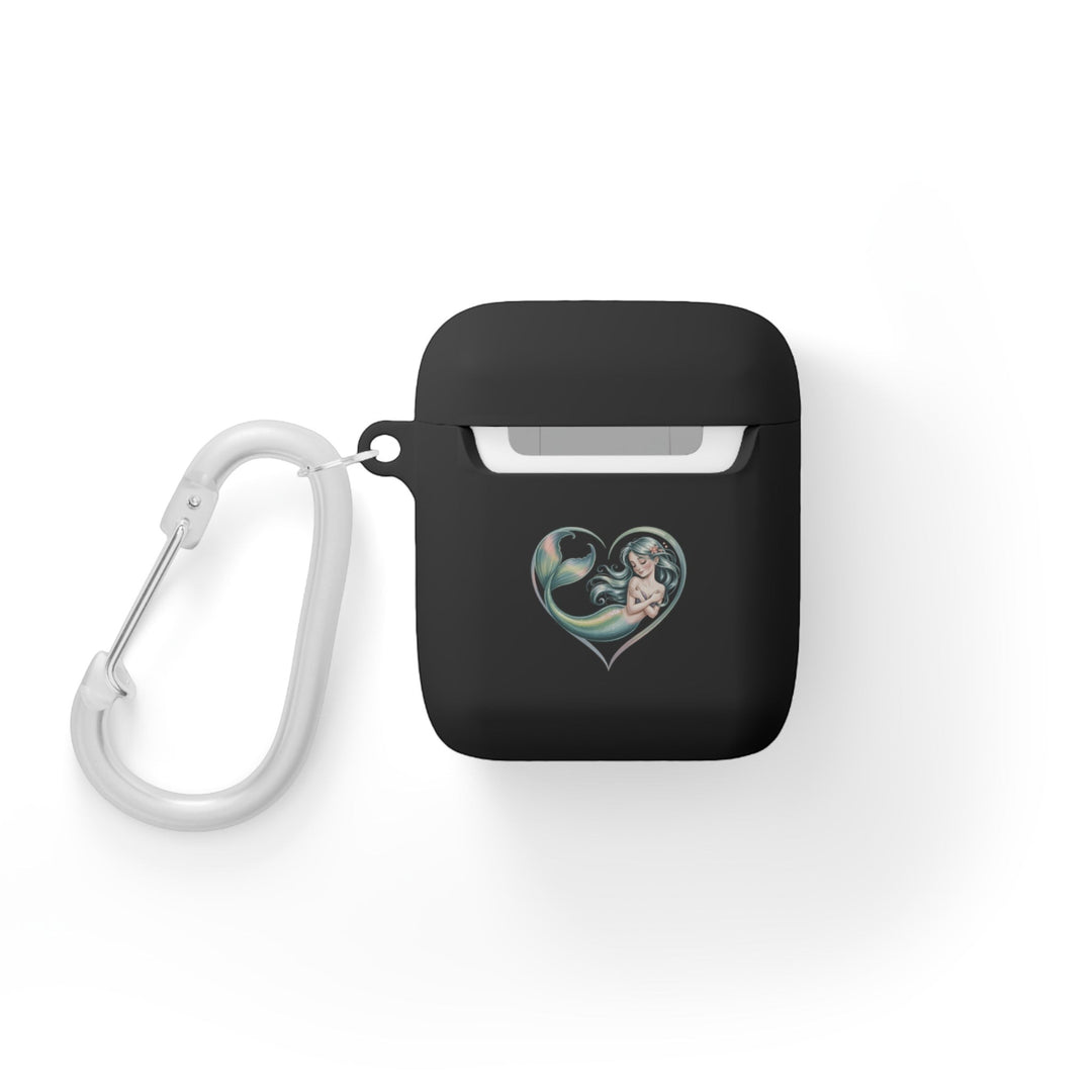 Sea Dragon Dreams black TPU protective AirPods case featuring a mermaid heart illustration and white carabiner.