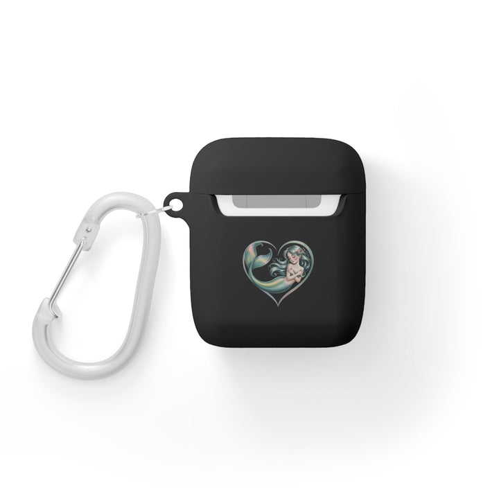 Sea Dragon Dreams black TPU protective AirPods case featuring a mermaid heart illustration and white carabiner.