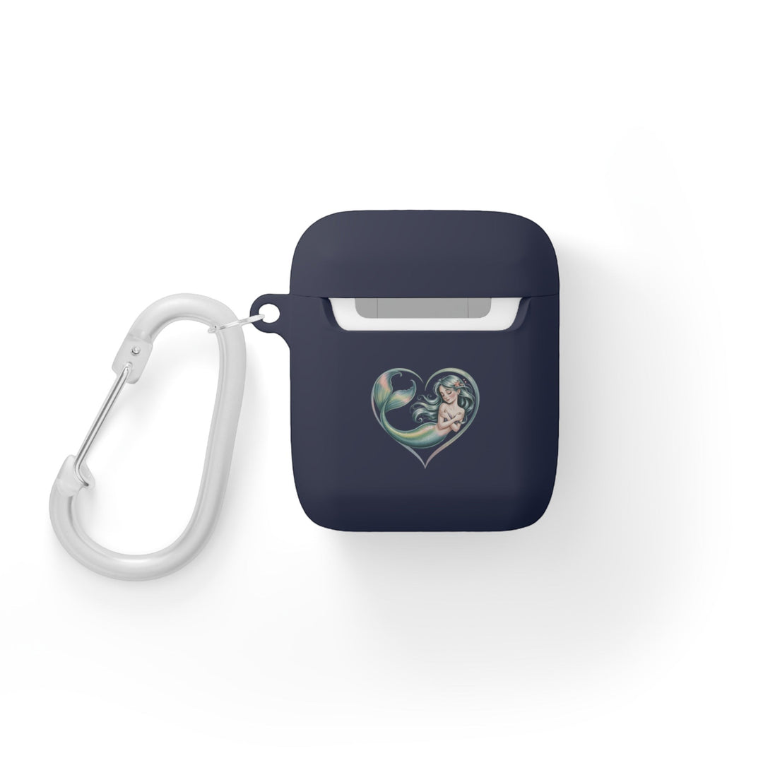 Sea Dragon Dreams navy blue TPU AirPods case featuring a mermaid heart illustration and a white metal carabiner.