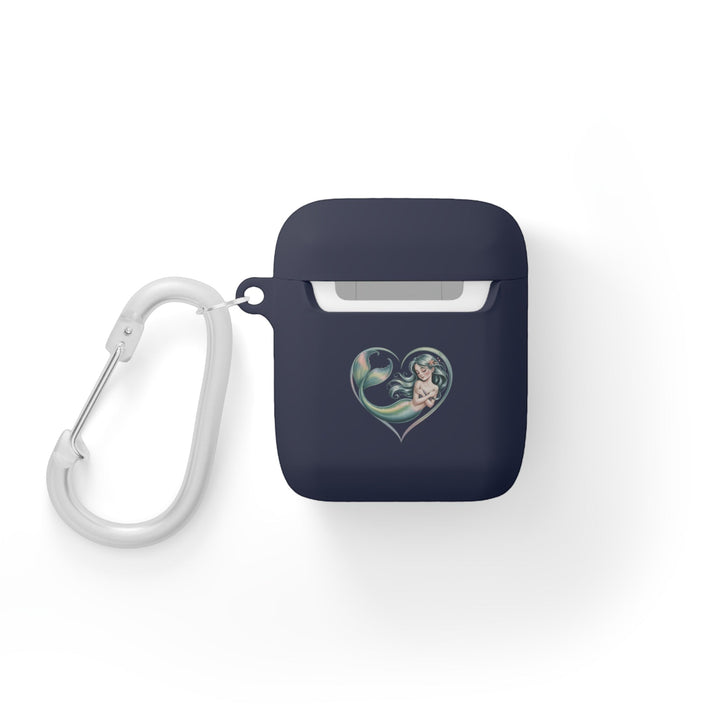 Sea Dragon Dreams navy blue TPU AirPods case featuring a mermaid heart illustration and a white metal carabiner.