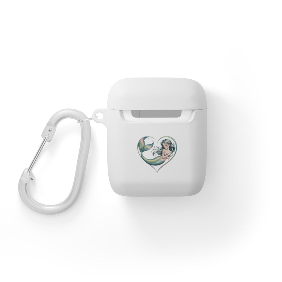 Sea Dragon Dreams white TPU AirPods case featuring a delicate mermaid heart illustration and a matching carabiner.