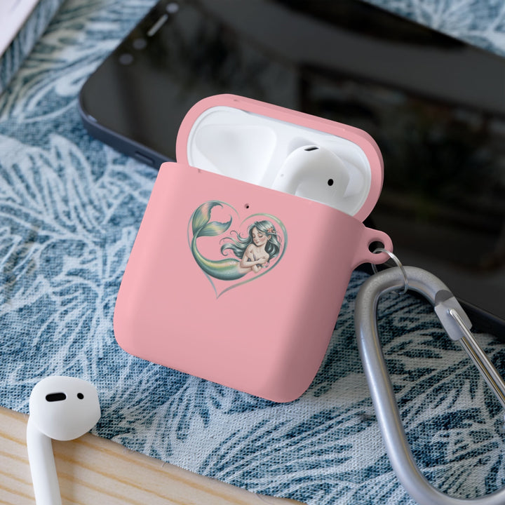 Sea Dragon Dreams pink TPU AirPods case with a mermaid heart illustration and a silver metal carabiner clip.