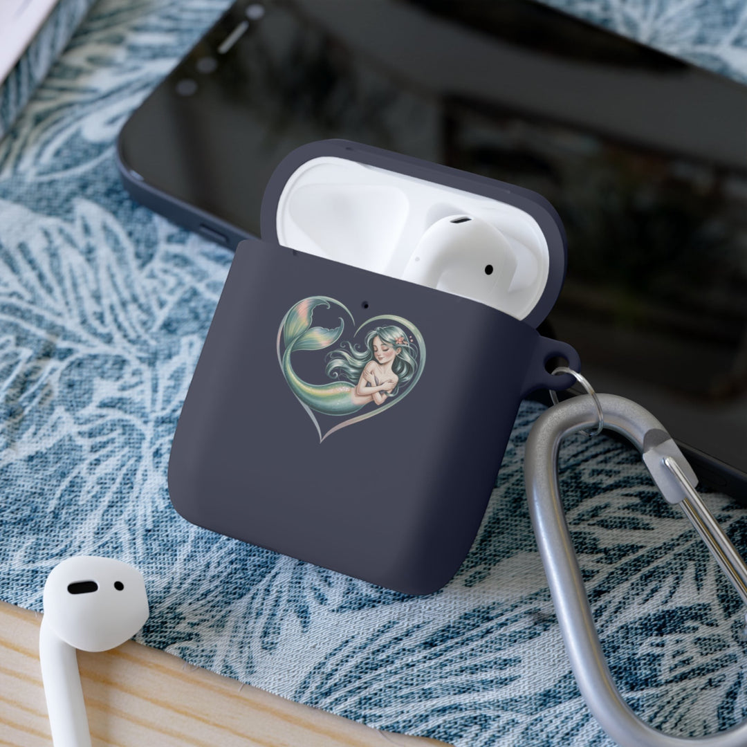 Sea Dragon Dreams protective TPU AirPods case featuring a mermaid heart illustration with a metal carabiner