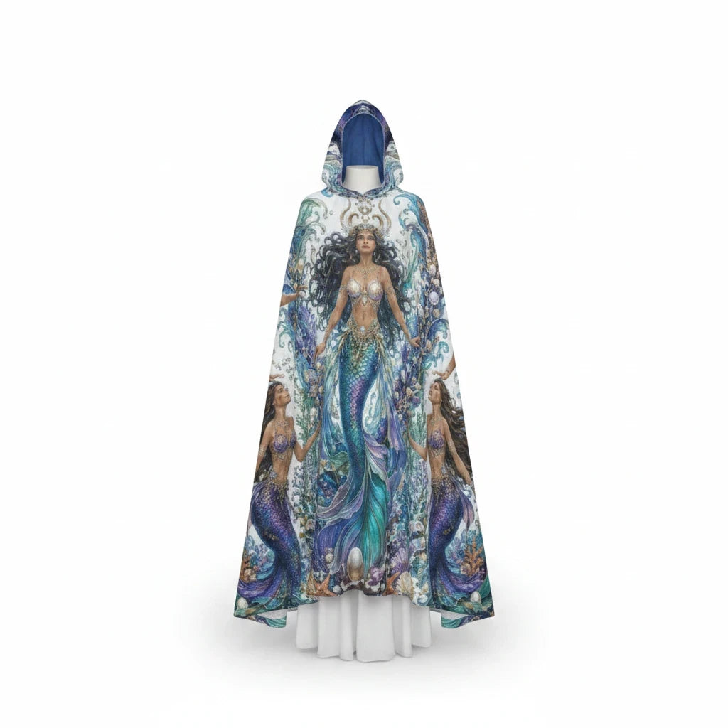 Sea Dragon Dreams unisex hooded cloak featuring vibrant mermaid and ocean artwork on smooth scuba fabric